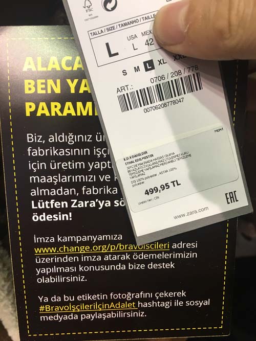 An extra label added to Zara’s products! - Temiz Giysi Kampanyası